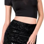 XIHIRCD Sparkly Sequin Skirt for Women - Black Glitter Mini Skirt with High Waist, Elastic Wrap, Hip Detail for Disco, Rave & Party