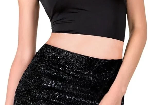 XIHIRCD Sparkly Sequin Skirt for Women - Black Glitter Mini Skirt with High Waist, Elastic Wrap, Hip Detail for Disco, Rave & Party