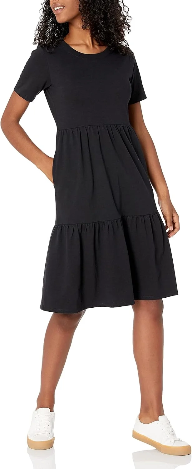 Amazon Essentials Women's Casual Cotton Short Sleeve Crew Neck Tiered Dress