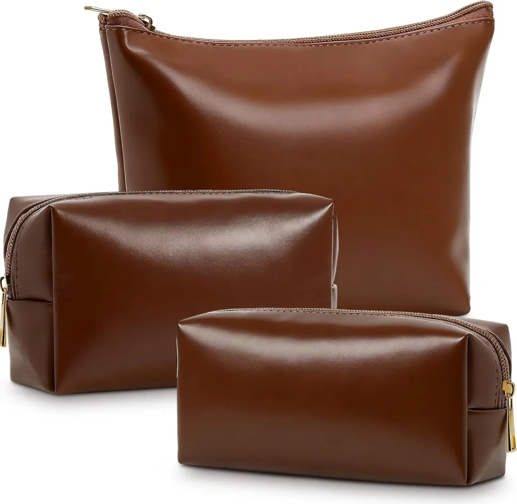 Kigeli 3 Piece Leather Makeup Bag Set for Purse PU Leather Cosmetic Bag Aesthetic Toiletry Travel Purse Organizer Pouch for Bridesmaid Birthday Spring Easter Wedding Valentine Women Gifts, brown