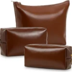 Kigeli 3 Piece Leather Makeup Bag Set for Purse PU Leather Cosmetic Bag Aesthetic Toiletry Travel Purse Organizer Pouch for Bridesmaid Birthday Spring Easter Wedding Valentine Women Gifts, brown