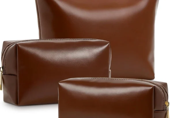 Kigeli 3 Piece Leather Makeup Bag Set for Purse PU Leather Cosmetic Bag Aesthetic Toiletry Travel Purse Organizer Pouch for Bridesmaid Birthday Spring Easter Wedding Valentine Women Gifts, brown