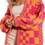 SELINK Women's Cardigan Sweater Vintage Open Front Mixed Checkered Pattern Chunky Knit Plaid Long Sleeve Daily Outwear
