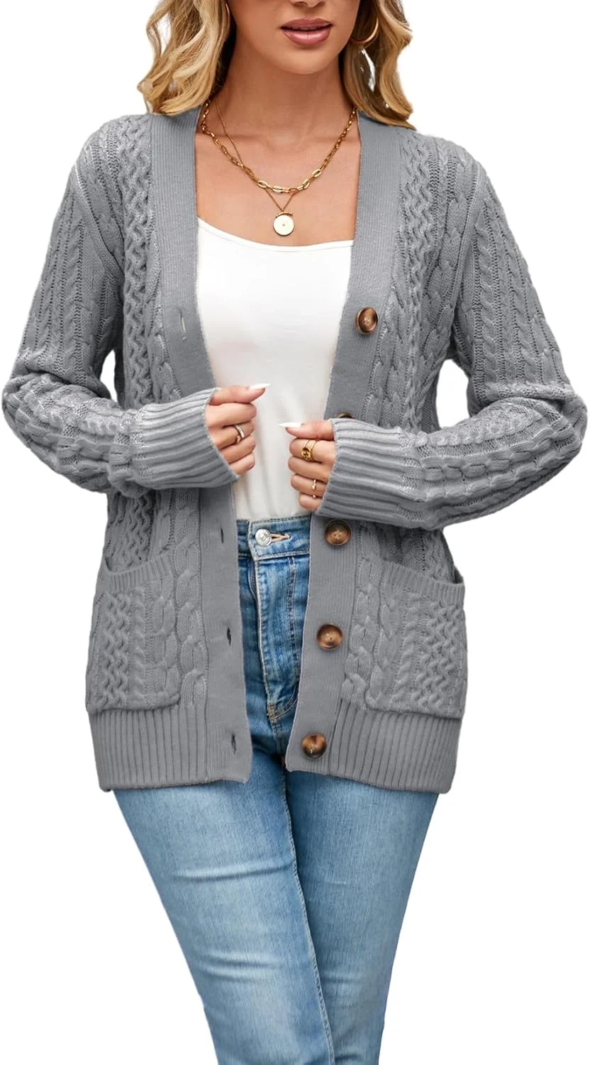 Womens Cardigan Sweaters Cable Knit Sweater 2026 Fall Winter Chunky Open Front Button Down Coats with Pockets