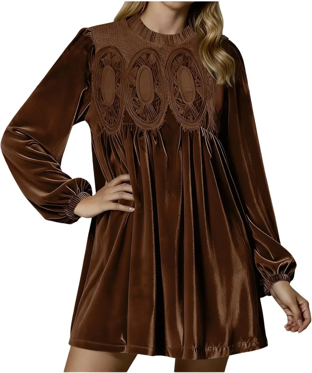 Velvet Dress for Women Vintage Stretchy Pleated Swing Midi Blouse Cosy Loose Fit Square Neck Dresses Fall Winter Long Sleeve Tuinc Tops with Pocket Elegant Ladies Cocktail Party Gown