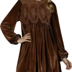 Velvet Dress for Women Vintage Stretchy Pleated Swing Midi Blouse Cosy Loose Fit Square Neck Dresses Fall Winter Long Sleeve Tuinc Tops with Pocket Elegant Ladies Cocktail Party Gown
