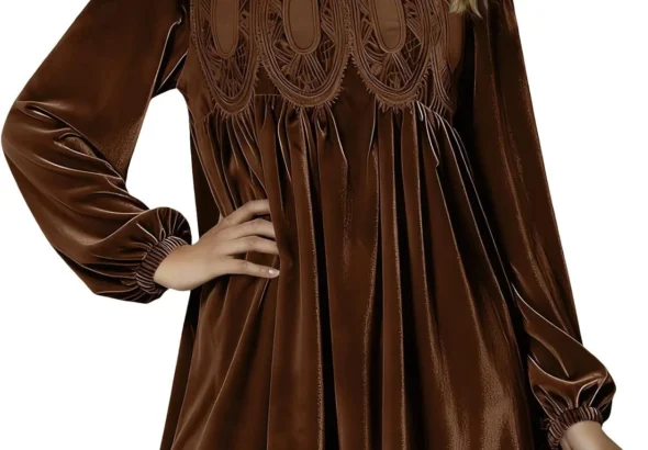 Velvet Dress for Women Vintage Stretchy Pleated Swing Midi Blouse Cosy Loose Fit Square Neck Dresses Fall Winter Long Sleeve Tuinc Tops with Pocket Elegant Ladies Cocktail Party Gown