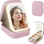 TIGARI Travel Makeup Jewelry Case with LED Mirror, Small Makeup Bag with Lighted Mirror, Three-Color Adjustable Makeup Mirror Storage Box, Portable Organizer Vanity Case for Women Beauty Tools, Pink