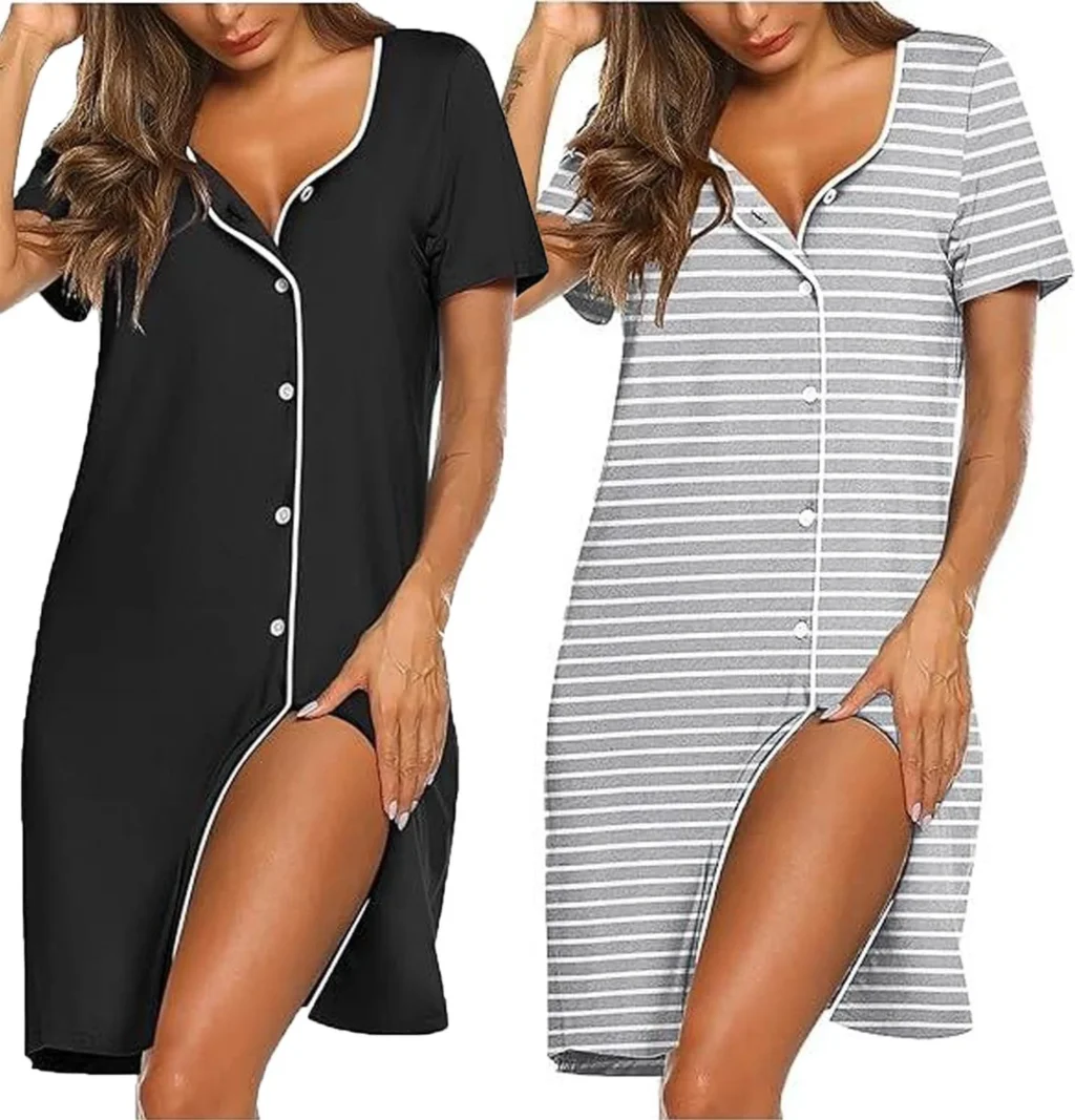 Ekouaer 2 Pack Nightgowns for Women Nightdress Button Down Nighties Short Sleeve Nightshirt Soft Sleepwear V Neck Pajama Dress S-XXL