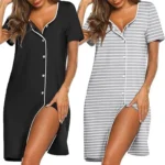Ekouaer 2 Pack Nightgowns for Women Nightdress Button Down Nighties Short Sleeve Nightshirt Soft Sleepwear V Neck Pajama Dress S-XXL
