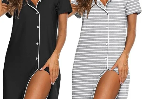 Ekouaer 2 Pack Nightgowns for Women Nightdress Button Down Nighties Short Sleeve Nightshirt Soft Sleepwear V Neck Pajama Dress S-XXL
