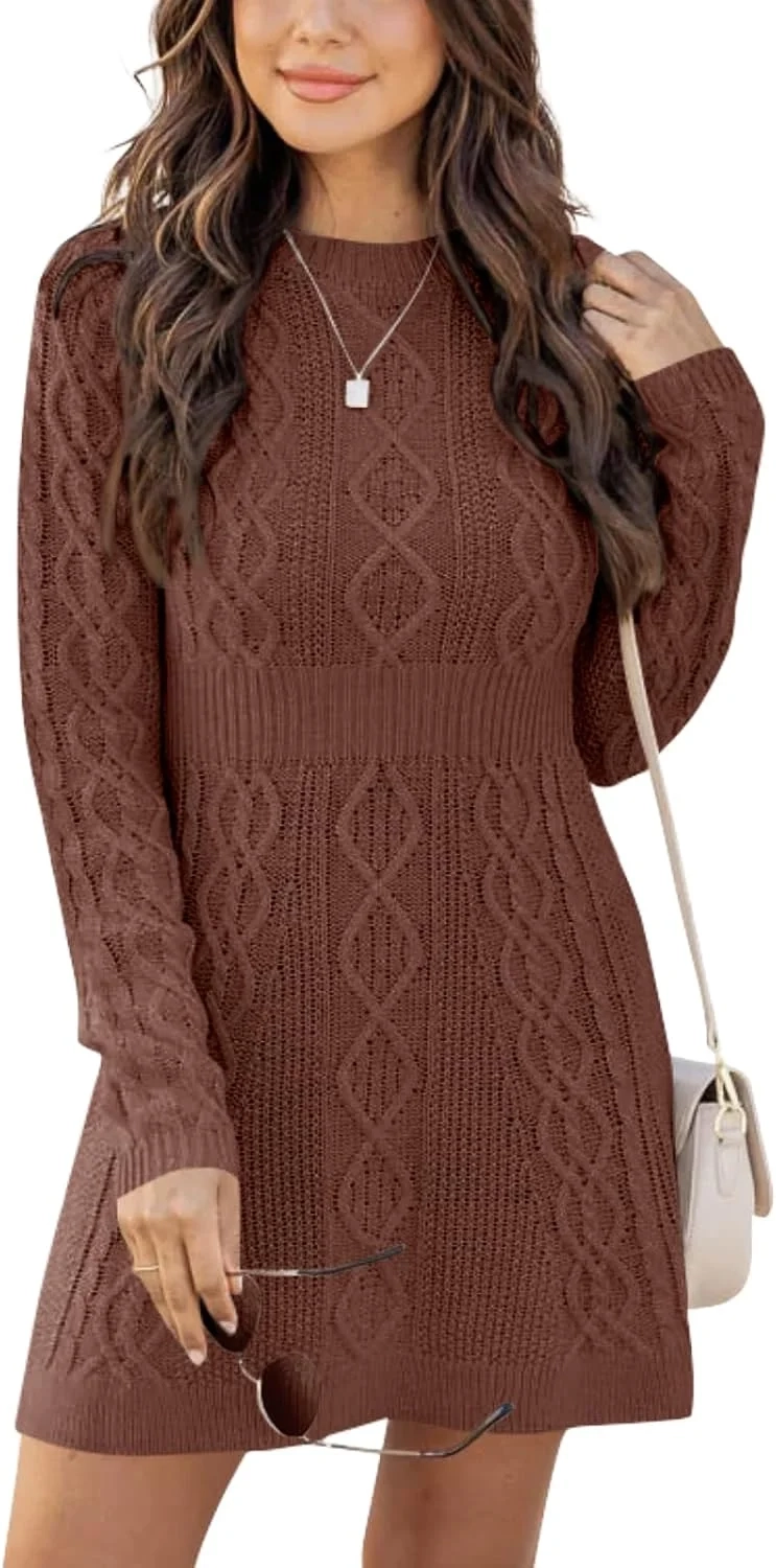 Ebifin Sweater Dresses for Women Elegant Jumper Dresses Knitted Round Neck A-Line Mini Dress Winter Pullover Dresses.