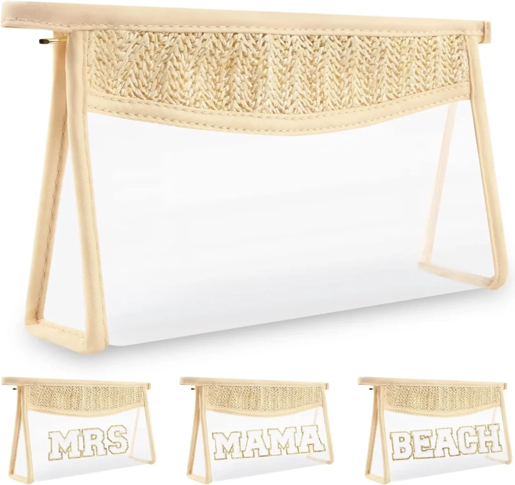 izuzta Boho Clear Makeup Letter Patch Makeup Bag Pouch for Women Girls, CLEAR