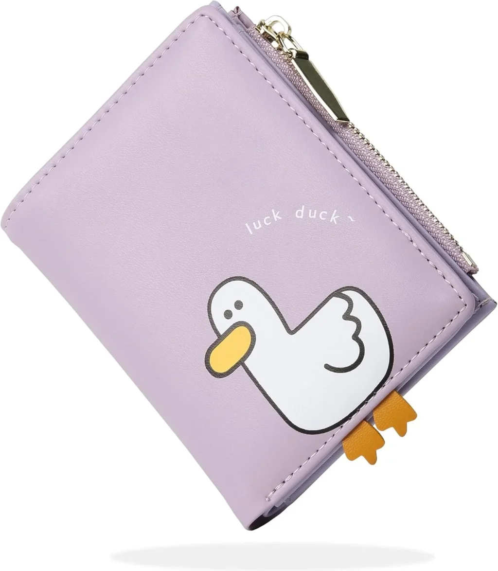 Cute Wallets for Women, Bifold RFID Blocking Small Womens Wallet with Zipper Coin Pocket (Duck Purple)