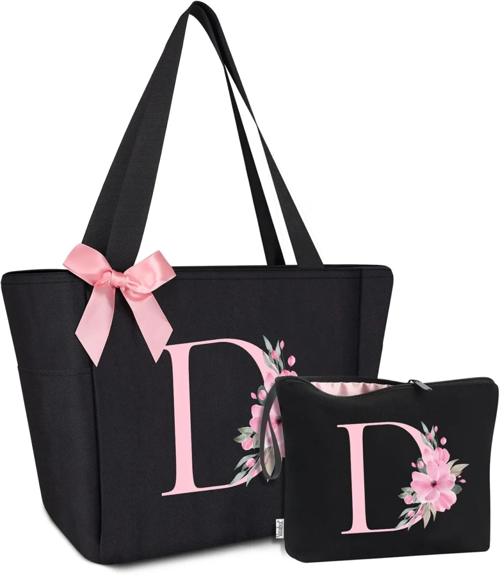 Vavabox Tote Bag, A-Z Initial Monogrammed Waterproof Tote Bag, Bridesmaid Gifts for Women, Black and Pink, Black Set, Medium to Large, D