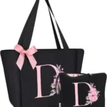 Vavabox Tote Bag, A-Z Initial Monogrammed Waterproof Tote Bag, Bridesmaid Gifts for Women, Black and Pink, Black Set, Medium to Large, D