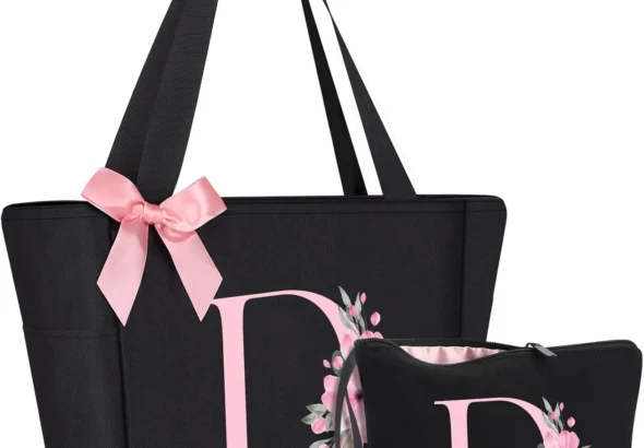 Vavabox Tote Bag, A-Z Initial Monogrammed Waterproof Tote Bag, Bridesmaid Gifts for Women, Black and Pink, Black Set, Medium to Large, D