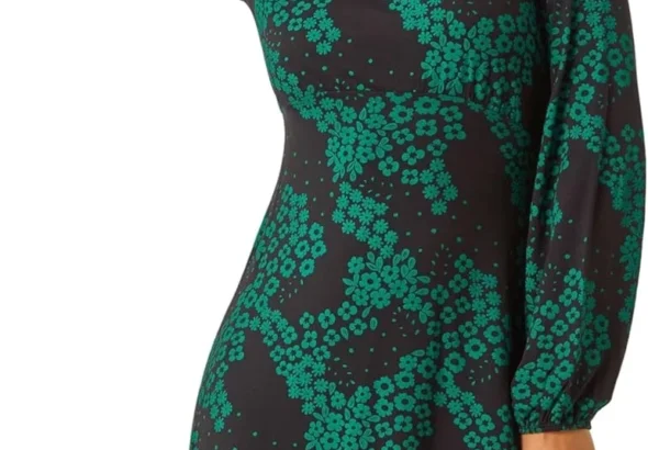 Roman Women Gathered Chest Dress Ladies Stretchy Fit & Flare Swing Tea A Line Skater Knee Length Long Sleeve Midi Smart Casual Work Going Out Cocktail Party