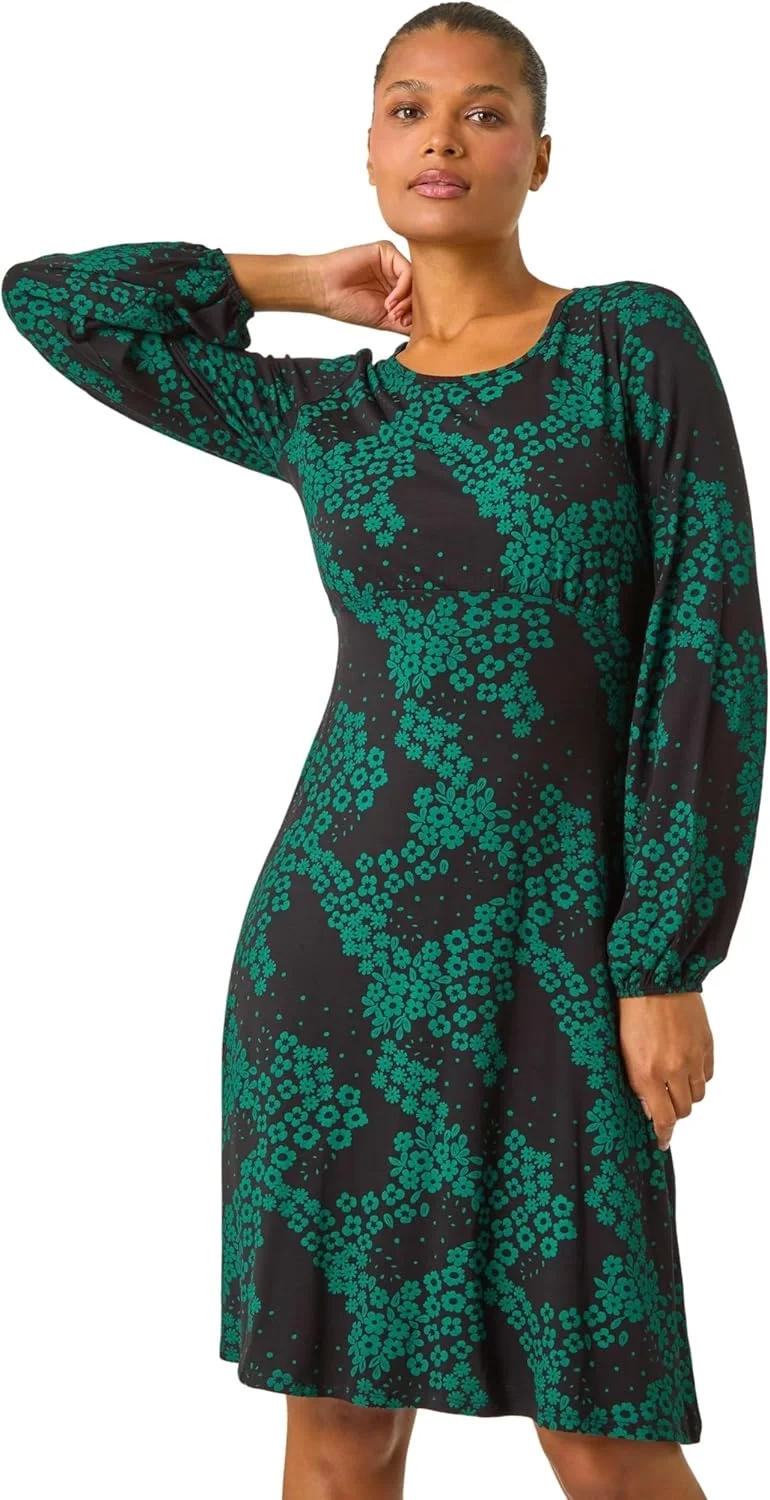 Roman Women Gathered Chest Dress Ladies Stretchy Fit & Flare Swing Tea A Line Skater Knee Length Long Sleeve Midi Smart Casual Work Going Out Cocktail Party