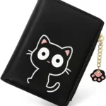 Cute Wallets for Women, Bifold RFID Blocking Small Womens Wallet with Zipper Coin Pocket (Black Embroidered Cat)