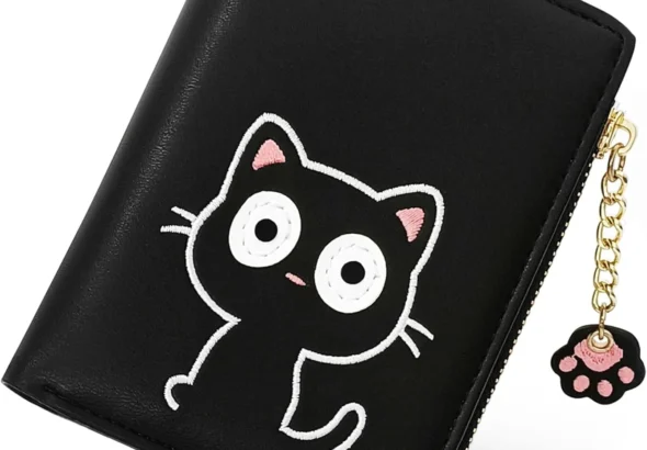 Cute Wallets for Women, Bifold RFID Blocking Small Womens Wallet with Zipper Coin Pocket (Black Embroidered Cat)