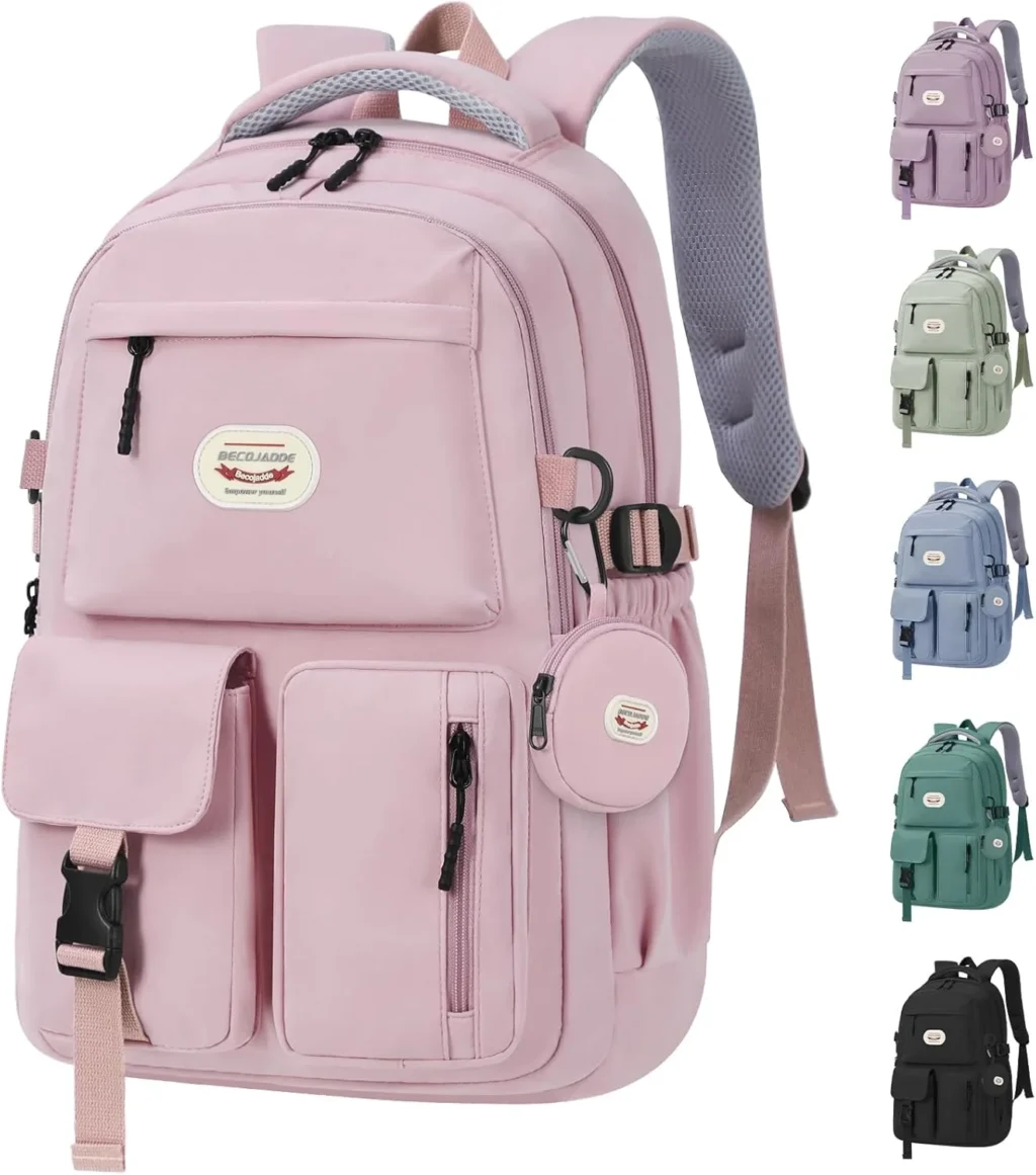 BECOJADDE Backpack School Bag Womens Girls with 15.6'' Laptop compartment, Water Resistant Rucksack with Coin Purse, Daypack for College, Work & Travel, Ideal for Teens & Students Pink 25L