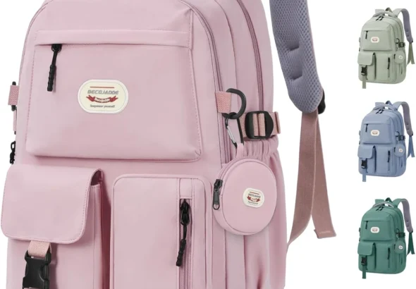BECOJADDE Backpack School Bag Womens Girls with 15.6'' Laptop compartment, Water Resistant Rucksack with Coin Purse, Daypack for College, Work & Travel, Ideal for Teens & Students Pink 25L