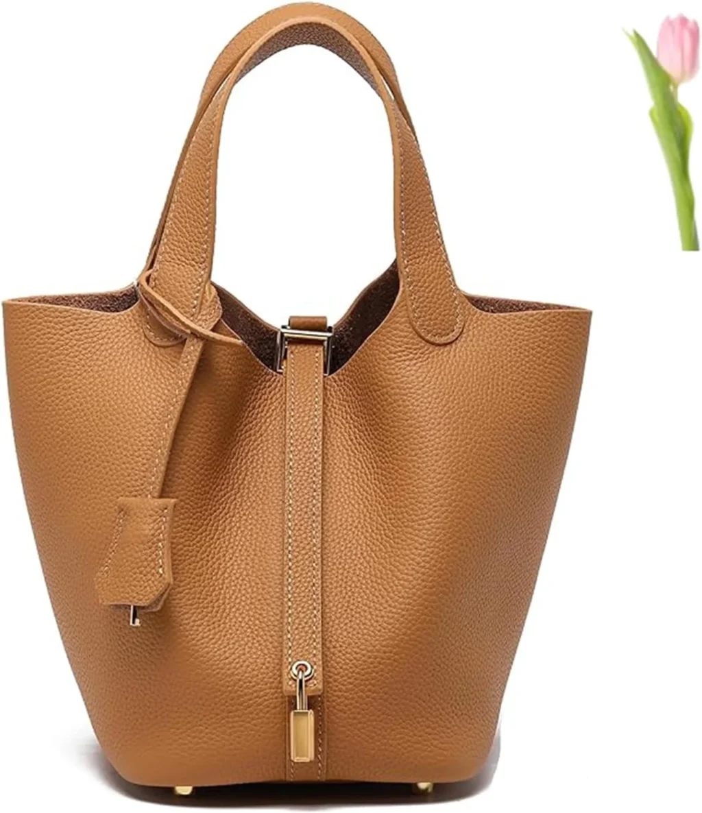 Versatile fashionable spring and summer handle bags,Genuine Leather Soft Bucket Bag for Women Fashion Lock Design Handbags Vegetable Basket Satchel