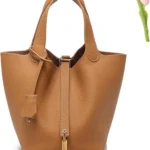 Versatile fashionable spring and summer handle bags,Genuine Leather Soft Bucket Bag for Women Fashion Lock Design Handbags Vegetable Basket Satchel