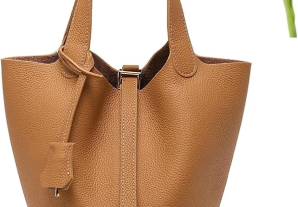 Versatile fashionable spring and summer handle bags,Genuine Leather Soft Bucket Bag for Women Fashion Lock Design Handbags Vegetable Basket Satchel