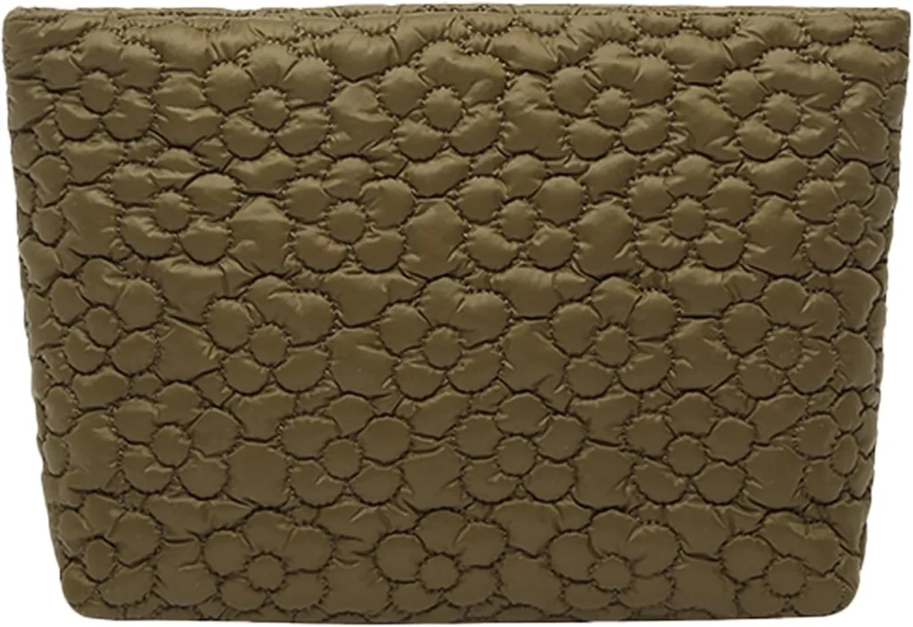Puffy Quilted Makeup Bag, Cosmetic Bag, Travel Toiletry Organizer Pouch, Clutch for Wom, Brown Flower, 10 x 2.2 x 6.5 inches, Puffy Quilted Makeup Bag
