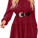 CUPSHE Women's Casual Dress Flounce Drawstring Long Sleeve Dress V-Neck Without Belt Loose Party A-Line Cocktail Mini Dress