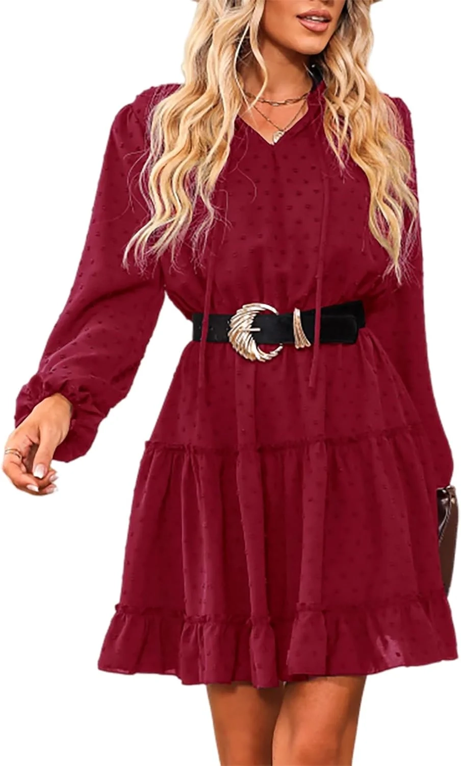 CUPSHE Women's Casual Dress Flounce Drawstring Long Sleeve Dress V-Neck Without Belt Loose Party A-Line Cocktail Mini Dress