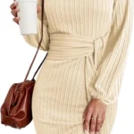 HOTOUCH Knitted Dress Women's Long-Sleeved Casual Dress with Round Neckline Elegant Sweater Dress