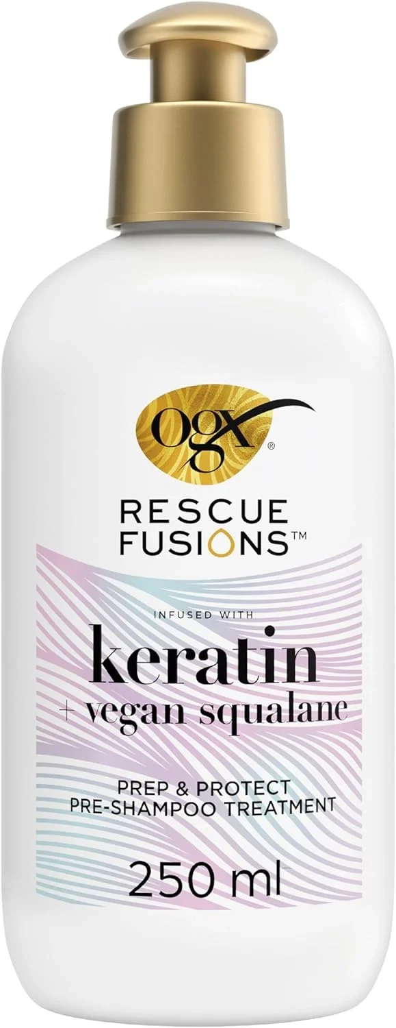OGX Rescue Fusions Keratin with Vegan Squalane Prep & Protect Pre-Shampoo Treatment, Deeply Conditions, Strengthens & Reduces Strand Breakage to Visibly Repair Damaged Hair, 250ml