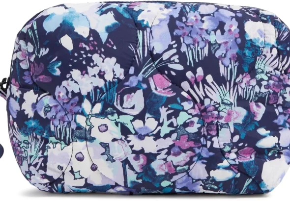 Vera Bradley Women's Featherweight Medium Cosmetic Makeup Organizer Bag, Artist's Garden Purple, One Size