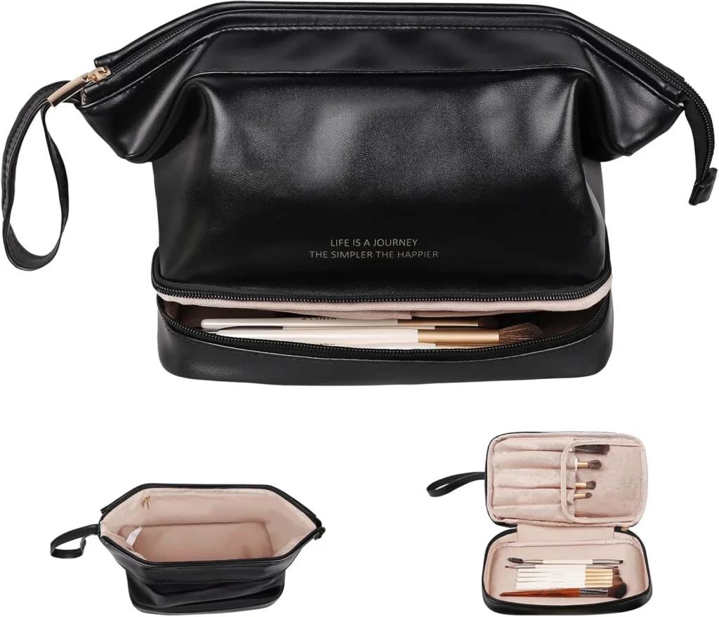 Large Capacity Makeup Bag Ladies Cosmetic Bag Travel Bag with Compartments Portable PU Leather Travel Makeup Bag with Handle