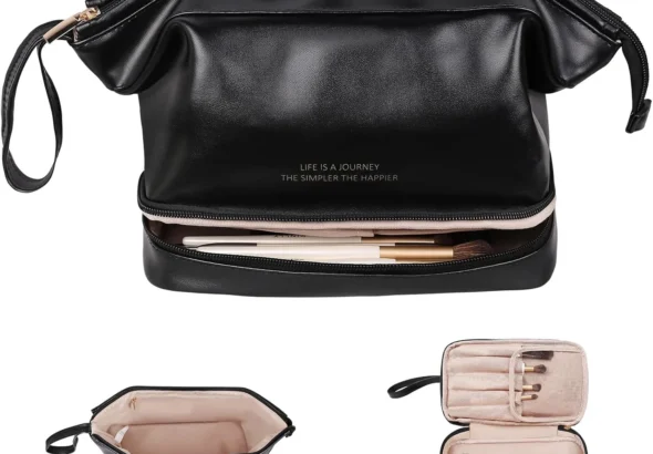 Large Capacity Makeup Bag Ladies Cosmetic Bag Travel Bag with Compartments Portable PU Leather Travel Makeup Bag with Handle