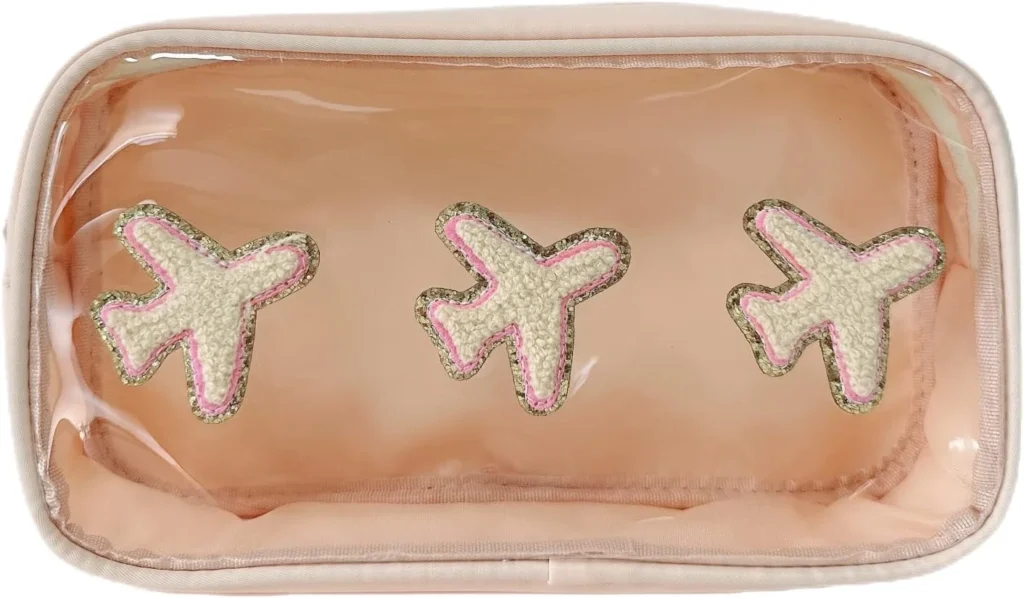 Clear Makeup Letter Bag Chenille Letter Patch Beach Makeup Bag Cosmetic Bag for Beach Travel Nylon & PVC Waterproof Organization Outdoor Zipper Pouch Toiletry Bag for Women Girls