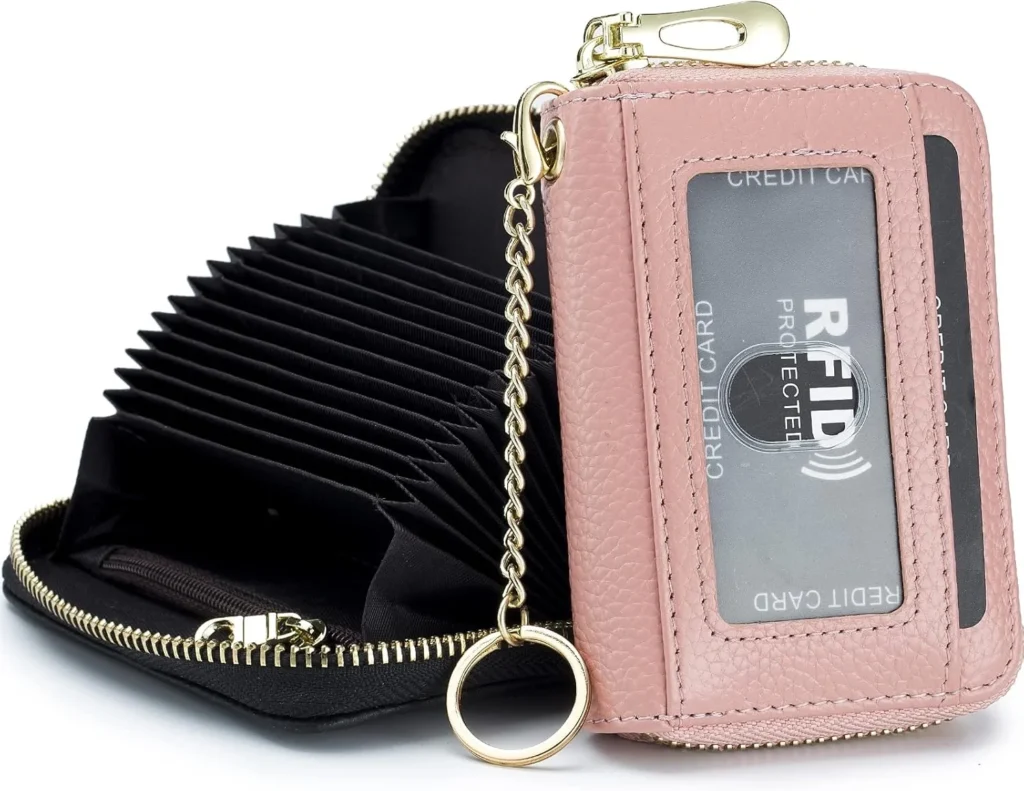 imeetu Credit Card Holder for Women RFID Card Holder Wallet Slim Leather Ladies Card Holder with 12 Card Slots, 2 Wide Cash Slots, Keyring & ID Window (Small)