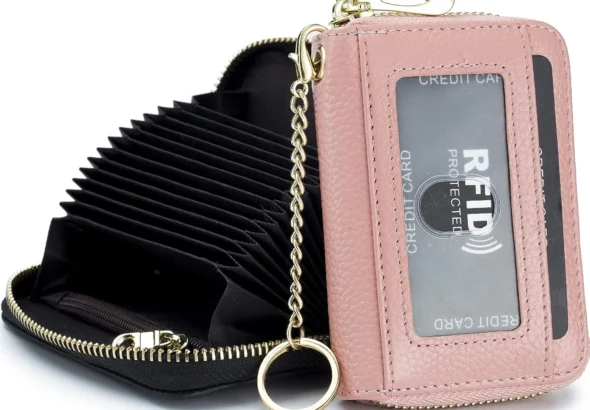 imeetu Credit Card Holder for Women RFID Card Holder Wallet Slim Leather Ladies Card Holder with 12 Card Slots, 2 Wide Cash Slots, Keyring & ID Window (Small)
