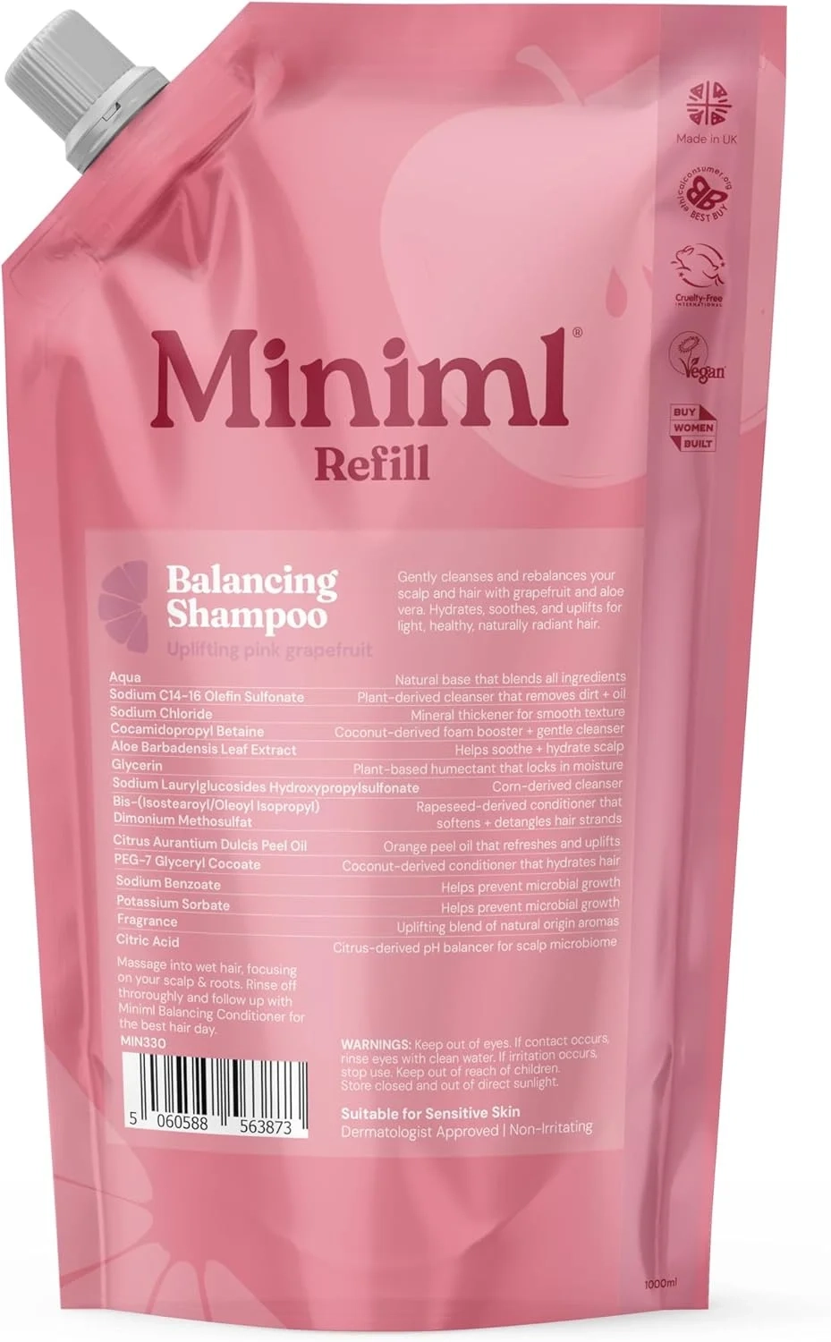 Miniml Natural Hair Shampoo Eco Friendly  1L Refill Pink Grapefruit & Aloe Vera Men and Womens Sensitive Scalp & Skin Cruelty Free Vegan Shampoo - for Greasy, Curly, Dry and Dandruff Hair