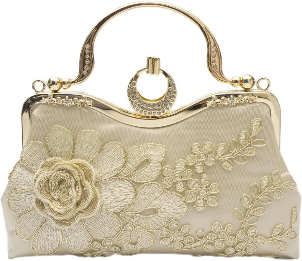 CORIOS Women Evening Bag Floral Embroidery Clutch Bag Vintage Handbag Bridal Wedding Purse Elegant Shoulder Bag Luxious Top Handle Bag Banquet Cocktail Prom Party Crossbody Bag Gold