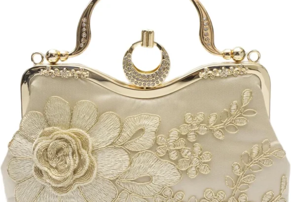 CORIOS Women Evening Bag Floral Embroidery Clutch Bag Vintage Handbag Bridal Wedding Purse Elegant Shoulder Bag Luxious Top Handle Bag Banquet Cocktail Prom Party Crossbody Bag Gold