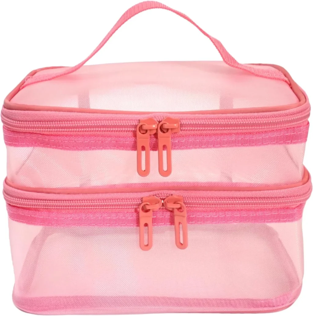 YunZh Mesh Makeup BagCosmetic BagSmall Travel Kit Storage Pouch Clear Portable Toiletry Bags Set for Women Girl, Pink, Clear
