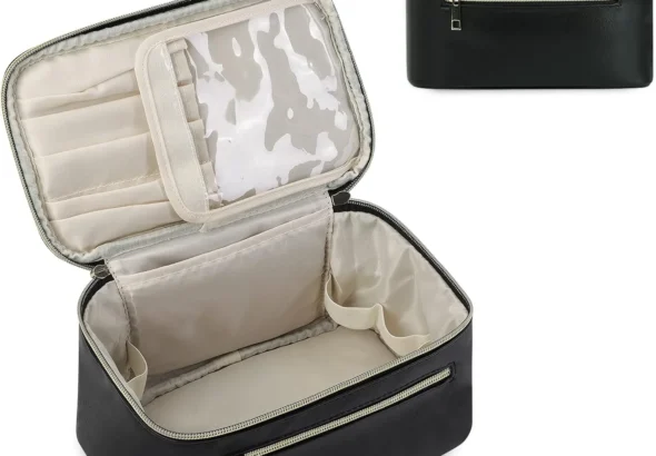 Wandering Nature Makeup Bag, Travel Make Up Organizer Cosmetic Brush Bags Case for Women in Eco Vegan Leather, Black, Stylish