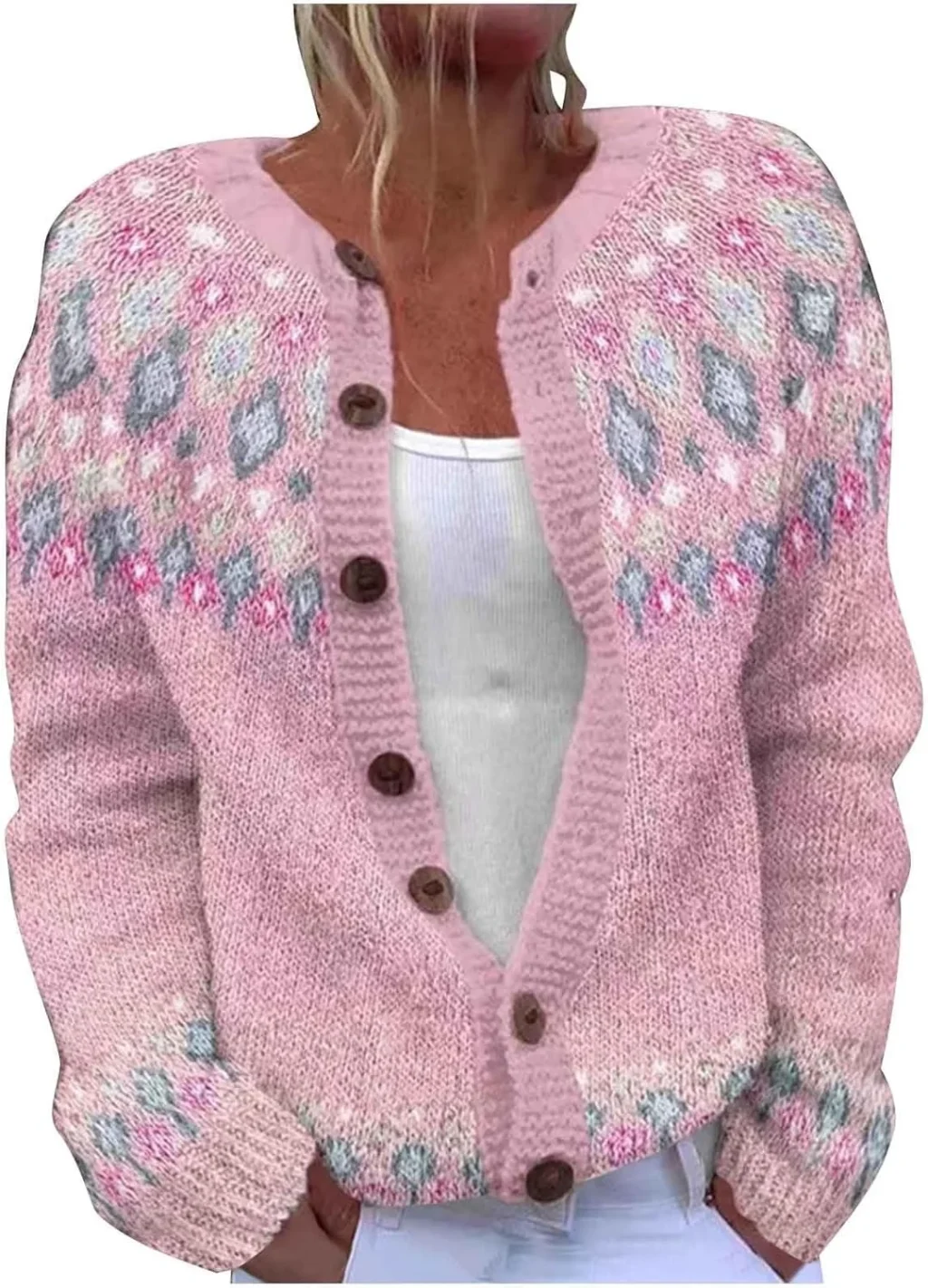 Cardigans for Women UK Retro Ethnic Print Jumper Warm Casual Ladies Knitted Crew Neck Front Button Up Aran Cardigan Long Sleeve Lightweight Sweater Jackets Knitwear