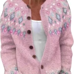 Cardigans for Women UK Retro Ethnic Print Jumper Warm Casual Ladies Knitted Crew Neck Front Button Up Aran Cardigan Long Sleeve Lightweight Sweater Jackets Knitwear