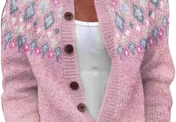 Cardigans for Women UK Retro Ethnic Print Jumper Warm Casual Ladies Knitted Crew Neck Front Button Up Aran Cardigan Long Sleeve Lightweight Sweater Jackets Knitwear