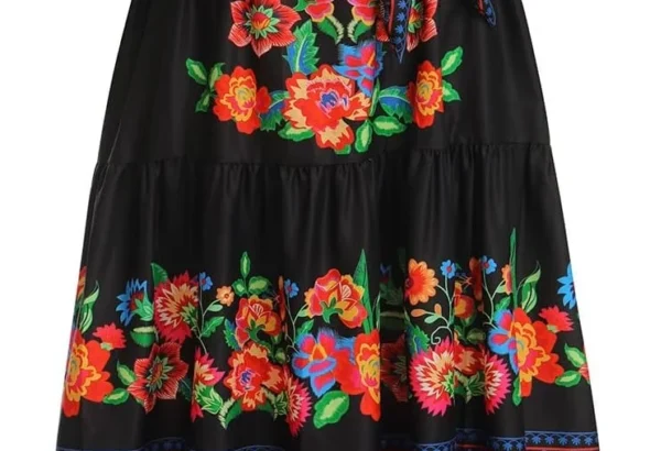 IMEKIS Mexican Dress for Women A-Line Off Shoulder Floral Print Long Maxi Summer Dresses for Boho Beach Holiday Fancy Day of the Dead Halloween Carnival